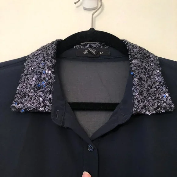 Forever 21 Dark Navy Sheer Sequin-Collar Button-Up Blouse | Size Small - Picture 8 of 11